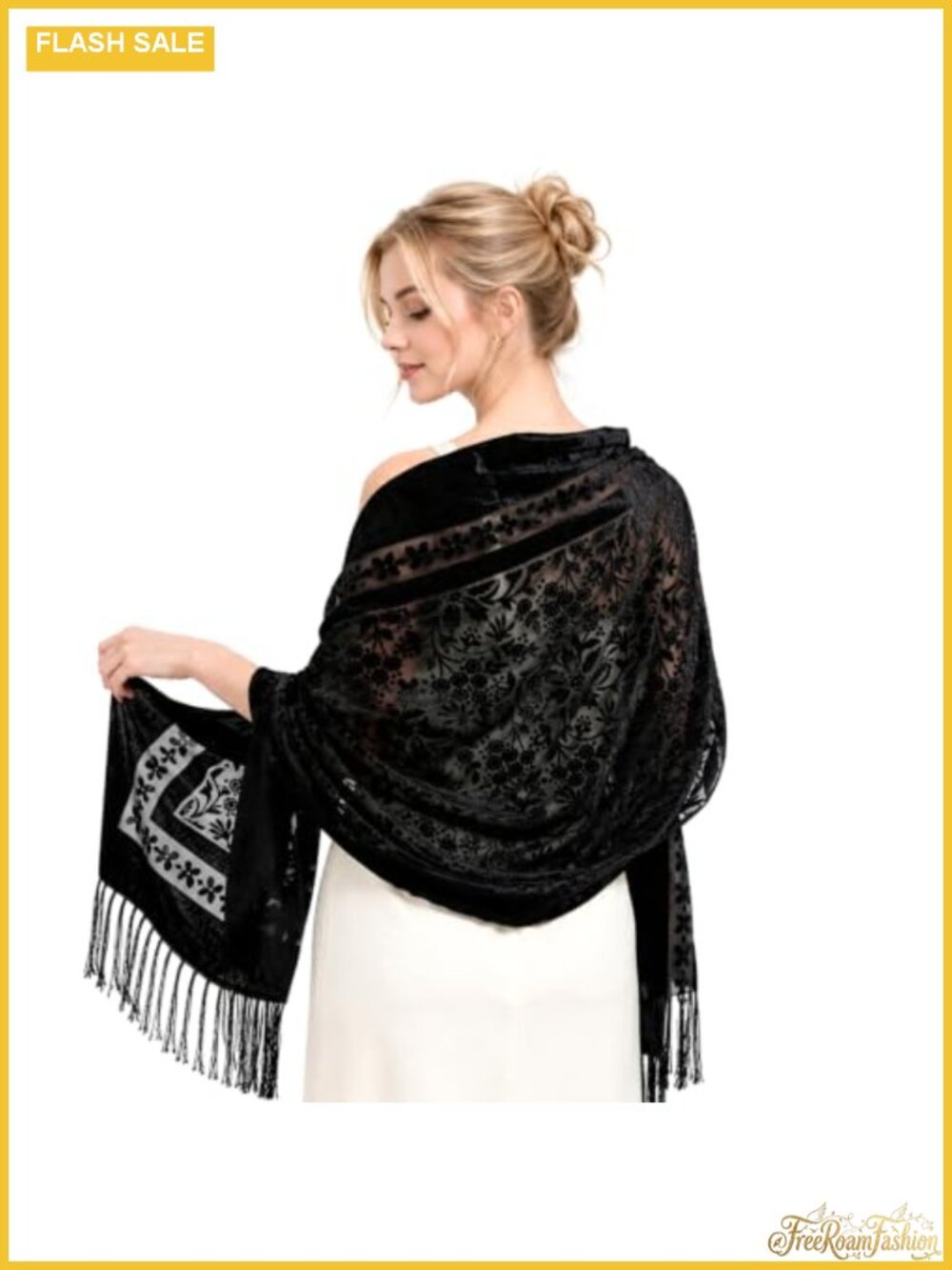 Velvet Lace Shawl with Fringe, Sheer Floral Mesh Wrap, Formal Evening Dress